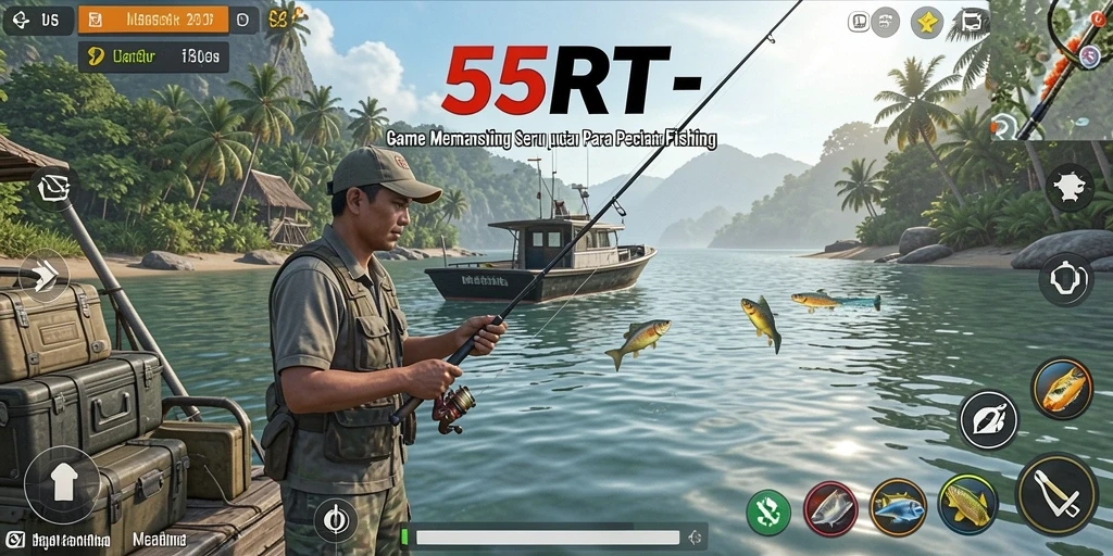 Screenshot gameplay 55RT menampilkan seorang pemancing yang sedang beraksi di tepi danau.