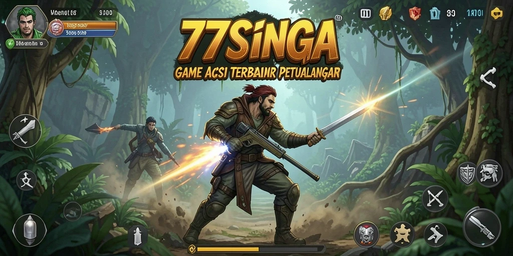 Tangkapan layar gameplay 77SINGA menampilkan pertarungan aksi yang seru.