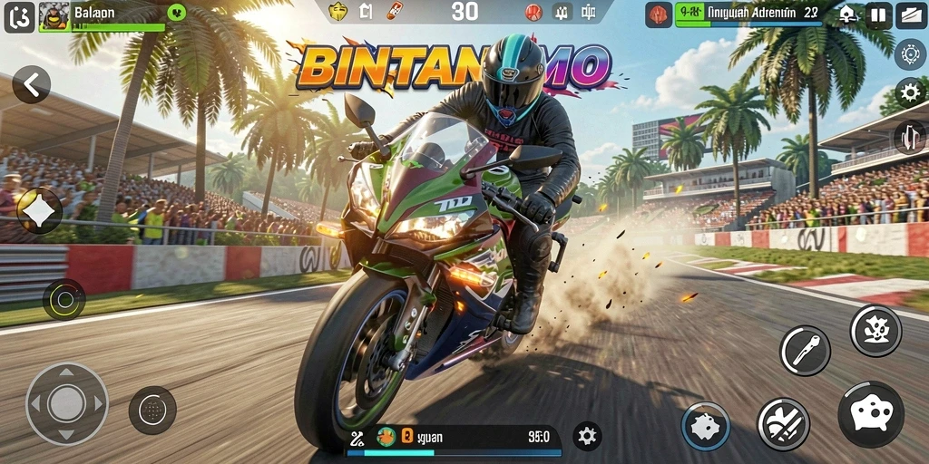 Tangkapan layar game BINTANGMPO dengan aksi balapan motor yang seru.