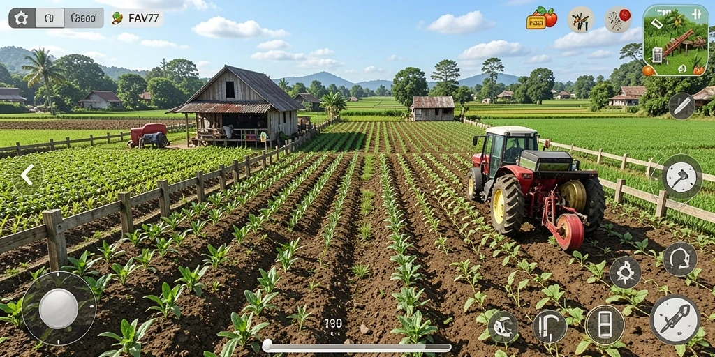 Tampilan gameplay menarik dalam FAV77 dengan aktivitas bertani yang seru.