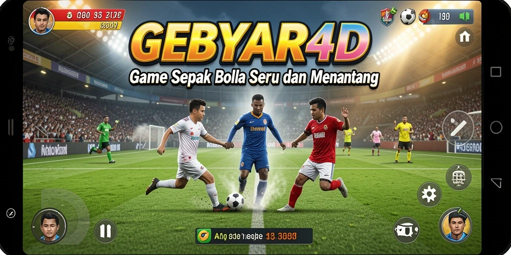 Tampilan gameplay GEBYAR4D yang mengesankan dengan aksi sepak bola yang nyata.