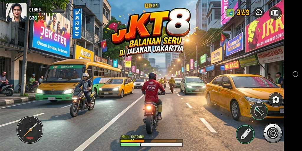 Tampilan gameplay seru di JKT8 dengan mobil balap yang melaju kencang.