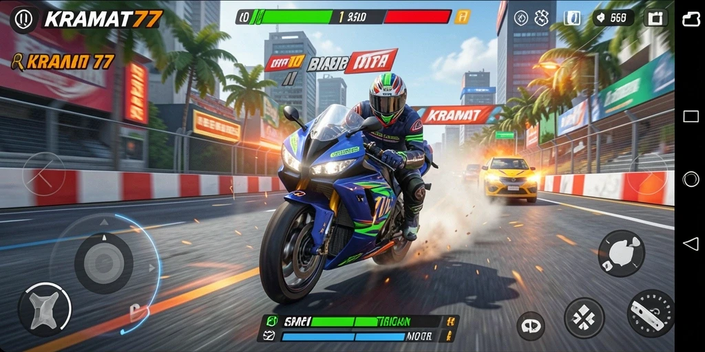 Tangkapan layar gameplay seru di KRAMAT77 yang menampilkan balapan motor.