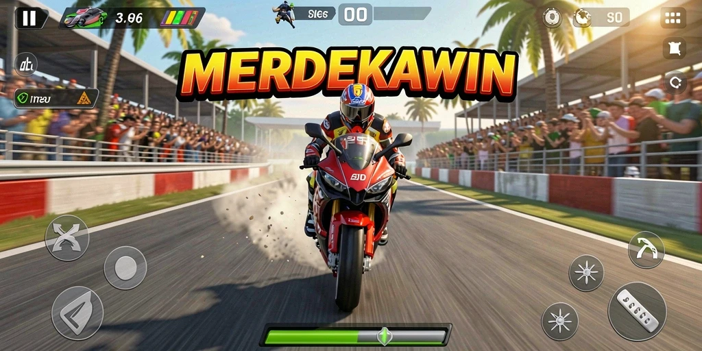 Tampilan gameplay <strong>MERDEKAWIN</strong> yang menegangkan dengan aksi balapan motor.