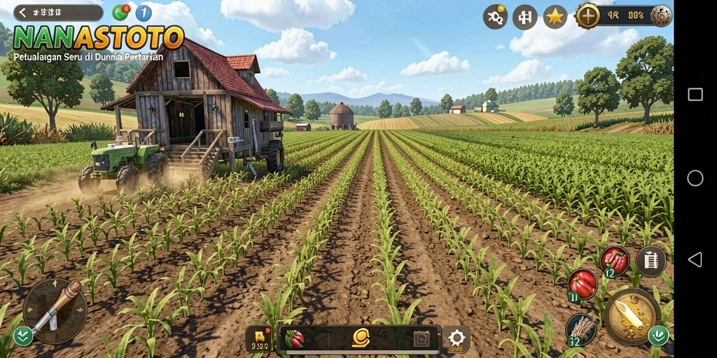 Gambar gameplay NANASTOTO menampilkan ladang yang hijau dan hewan ternak.