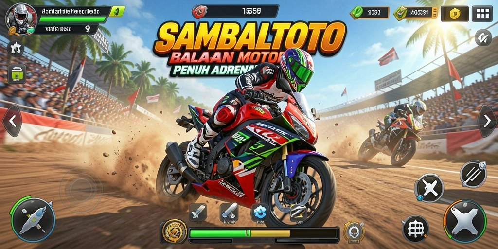 Screenshot SAMBALTOTO menampilkan aksi balapan motor yang mendebarkan.