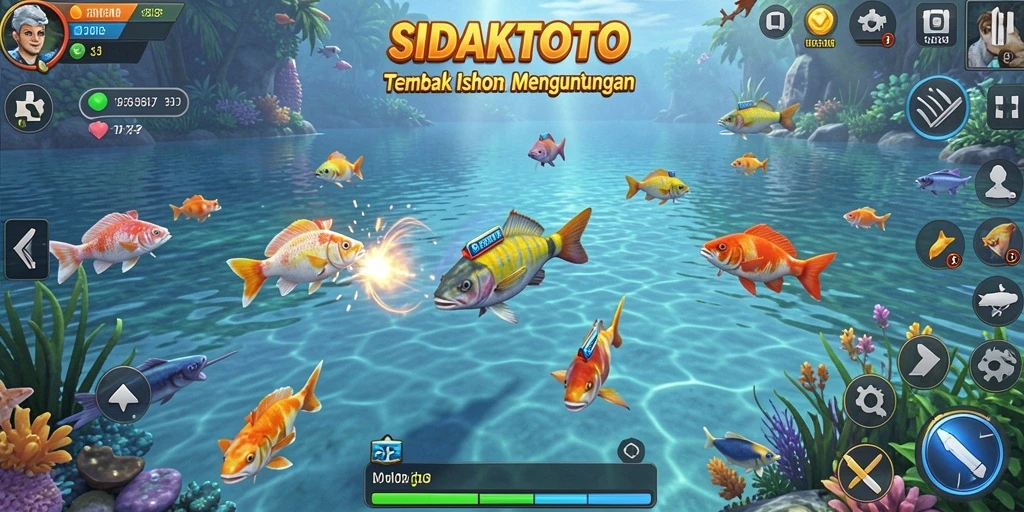 Screenshot gameplay SIDAKTOTO menampilkan aksi menembak ikan yang menarik.
