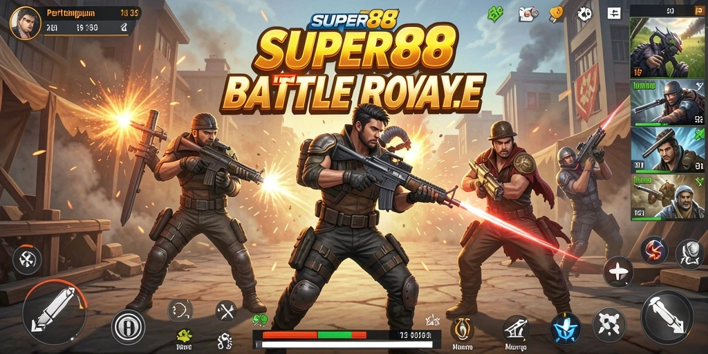 Screenshot gameplay SUPER88 menunjukkan aksi seru dalam pertempuran Battle Royale.